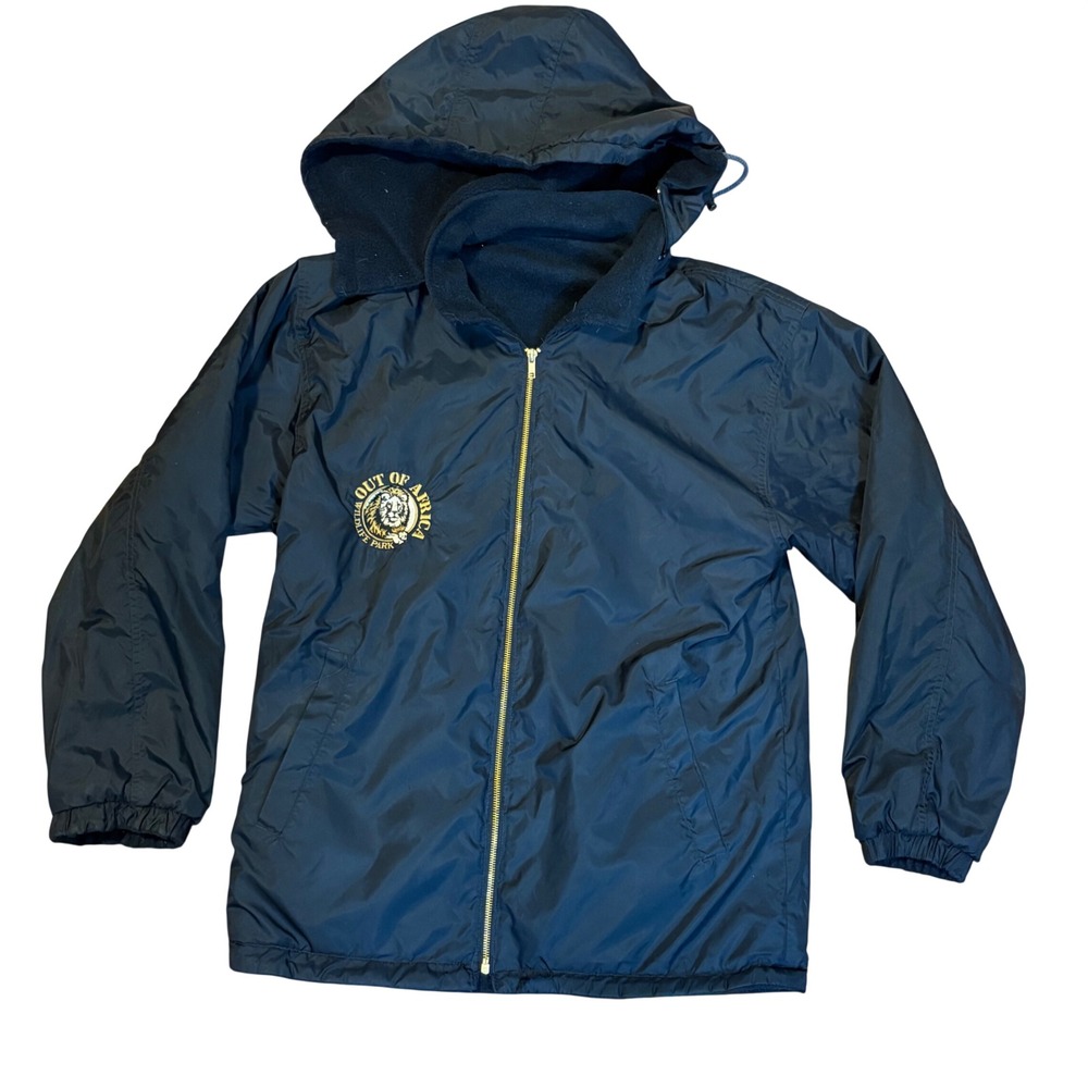 Vintage Out of Africa Wildlife Park Hooded Fleece Lined Jacket Navy Blue L/XL
